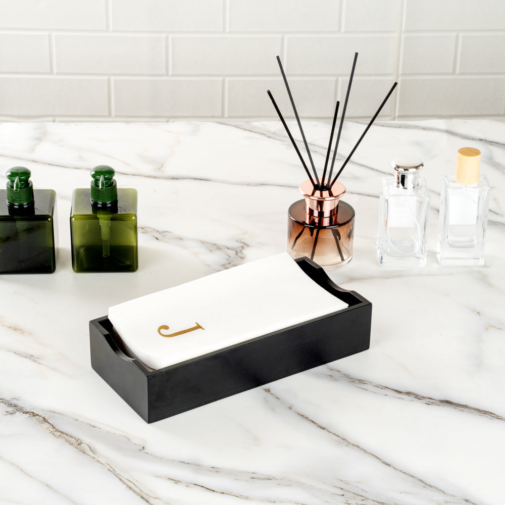 Luxenap Rectangle Gold Letter J White Paper Linen-Feel Guest Towel / Napkin - Air Laid, Sans Serif Font - 15 3/4" x 8" - 50 count box