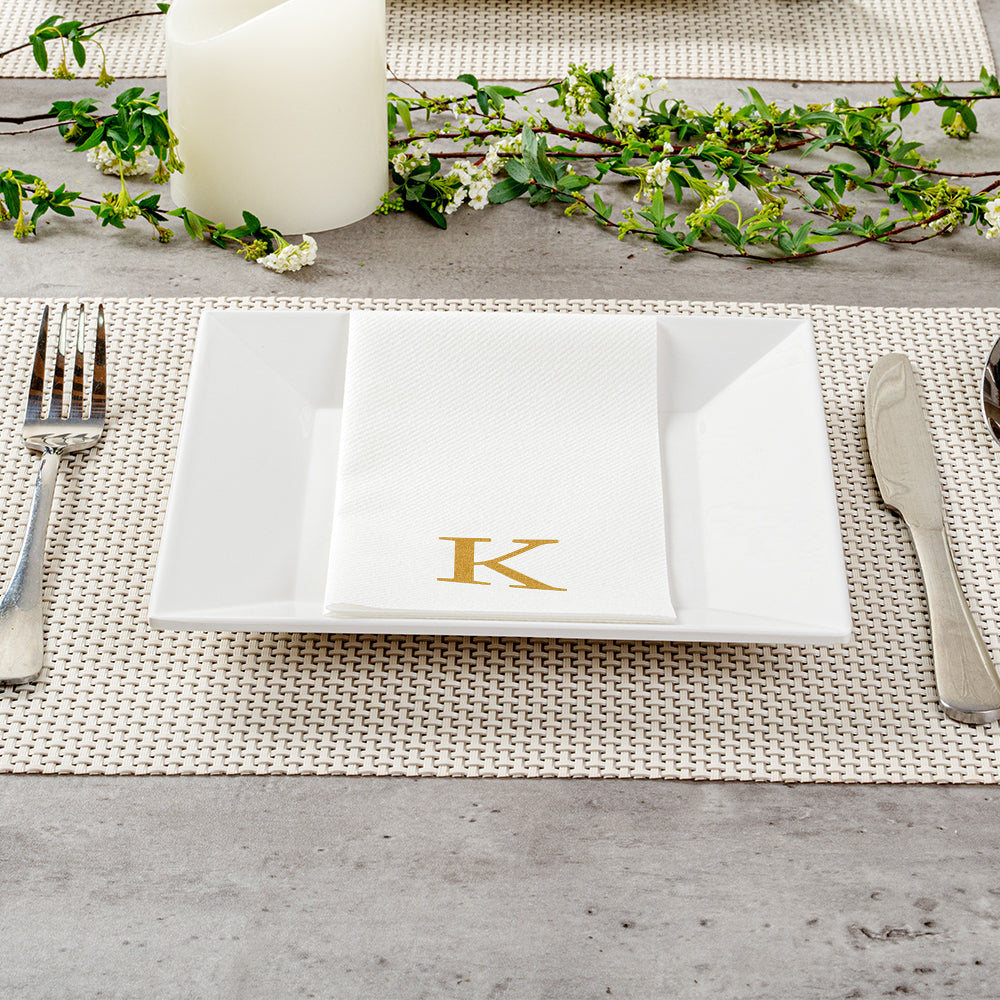 Luxenap Rectangle Gold Letter K White Paper Linen-Feel Guest Towel / Napkin - Air Laid, Sans Serif Font - 15 3/4" x 8" - 50 count box