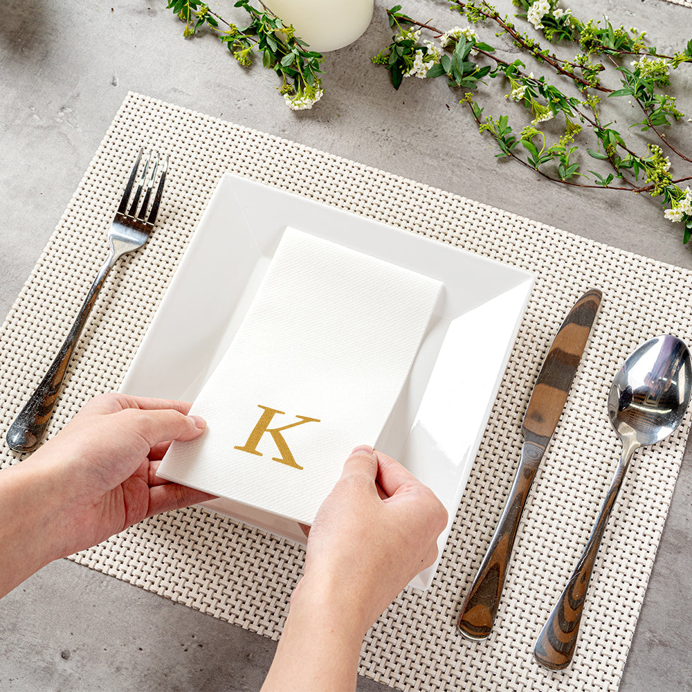 Luxenap Rectangle Gold Letter K White Paper Linen-Feel Guest Towel / Napkin - Air Laid, Sans Serif Font - 15 3/4" x 8" - 50 count box