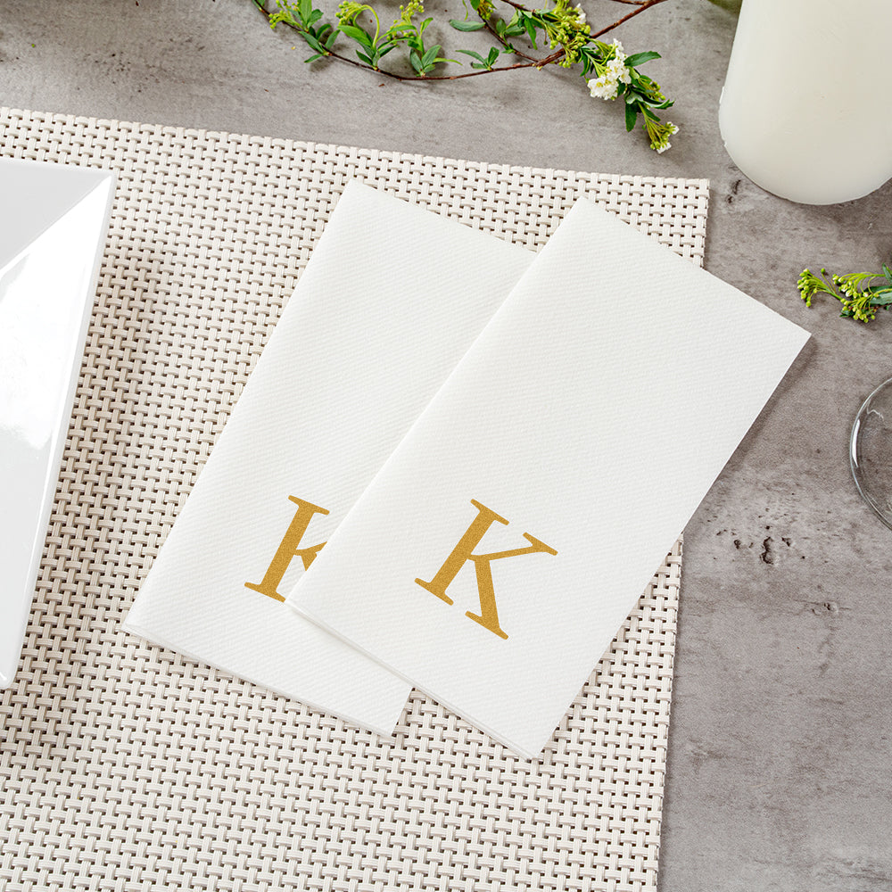 Luxenap Rectangle Gold Letter K White Paper Linen-Feel Guest Towel / Napkin - Air Laid, Sans Serif Font - 15 3/4" x 8" - 50 count box