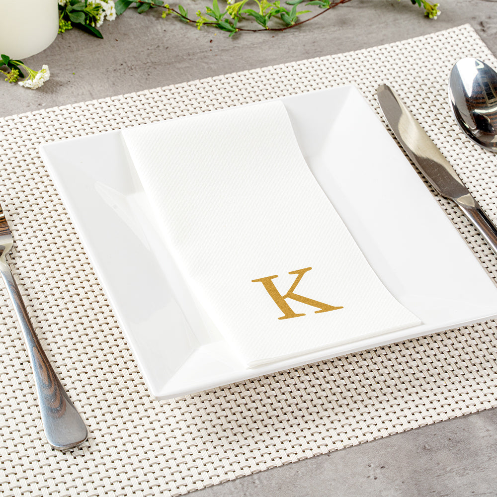 Luxenap Rectangle Gold Letter K White Paper Linen-Feel Guest Towel / Napkin - Air Laid, Sans Serif Font - 15 3/4" x 8" - 50 count box