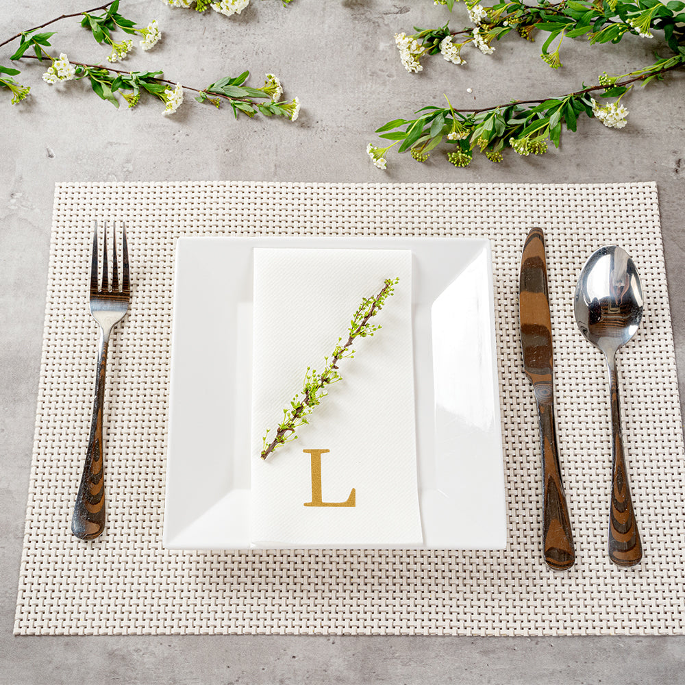 Luxenap Rectangle Gold Letter L White Paper Linen-Feel Guest Towel / Napkin - Air Laid, Sans Serif Font - 15 3/4" x 8" - 50 count box