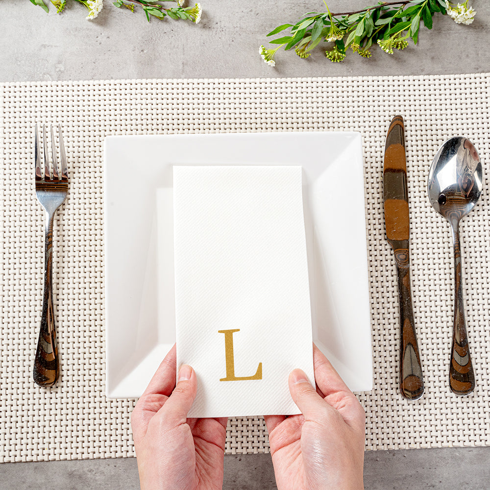 Luxenap Rectangle Gold Letter L White Paper Linen-Feel Guest Towel / Napkin - Air Laid, Sans Serif Font - 15 3/4" x 8" - 50 count box