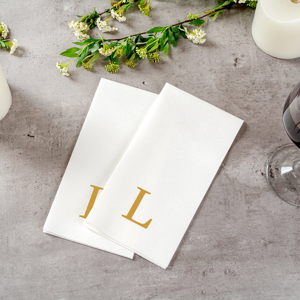 Luxenap Rectangle Gold Letter L White Paper Linen-Feel Guest Towel / Napkin - Air Laid, Sans Serif Font - 15 3/4" x 8" - 50 count box