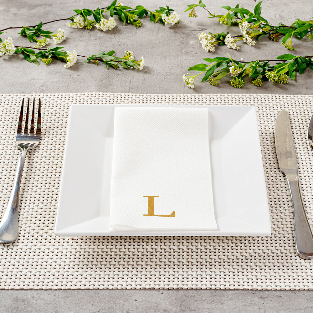 Luxenap Rectangle Gold Letter L White Paper Linen-Feel Guest Towel / Napkin - Air Laid, Sans Serif Font - 15 3/4" x 8" - 50 count box