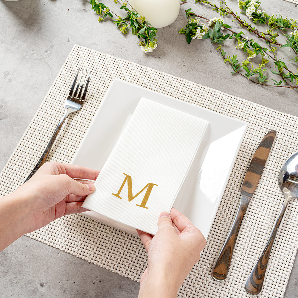 Luxenap Rectangle Gold Letter M White Paper Linen-Feel Guest Towel / Napkin - Air Laid, Sans Serif Font - 15 3/4" x 8" - 50 count box