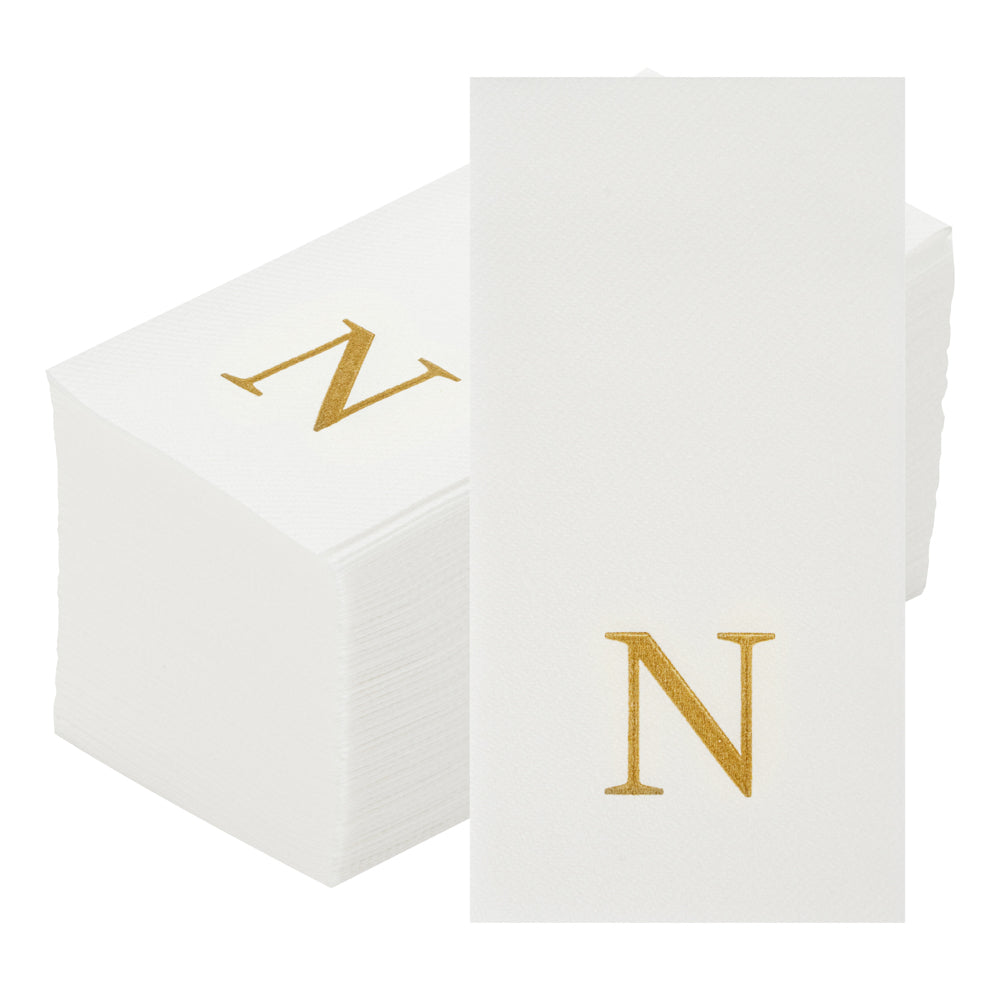 Luxenap Rectangle Gold Letter N White Paper Linen-Feel Guest Towel / Napkin - Air Laid, Sans Serif Font - 15 3/4" x 8" - 50 count box