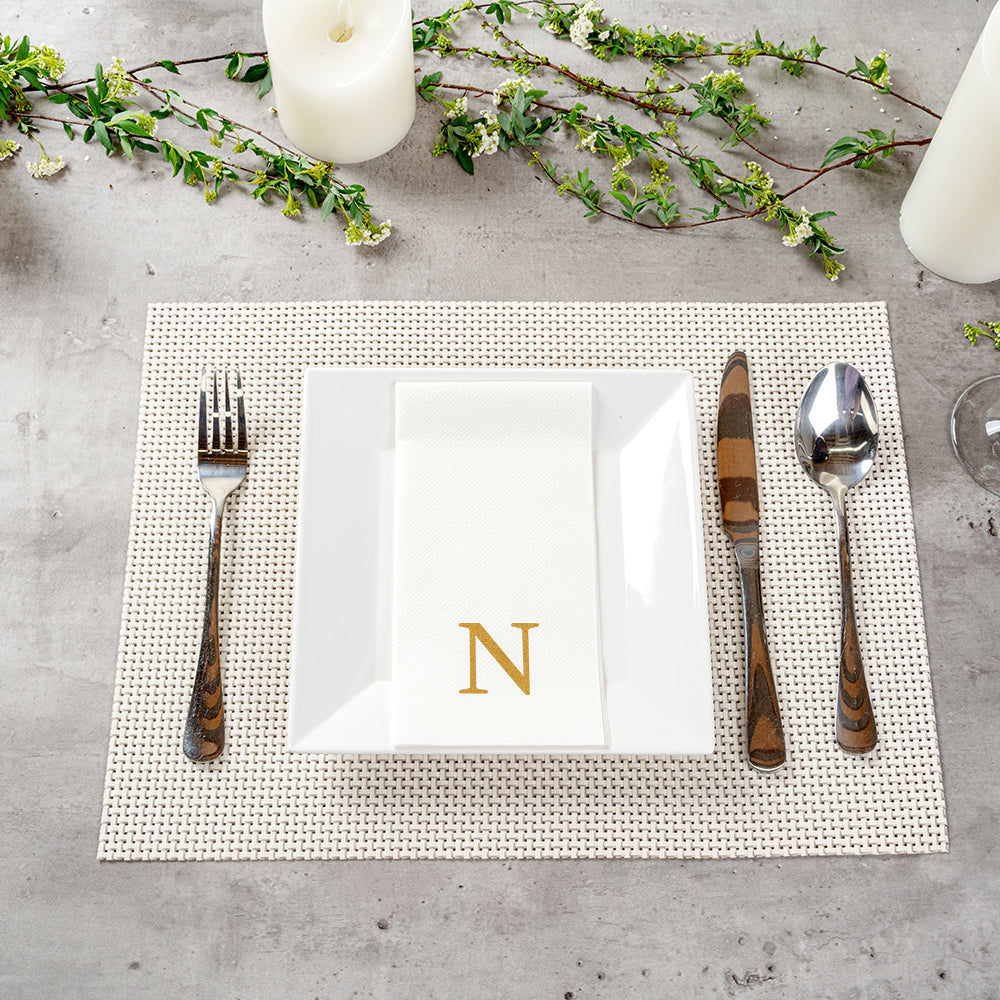Luxenap Rectangle Gold Letter N White Paper Linen-Feel Guest Towel / Napkin - Air Laid, Sans Serif Font - 15 3/4" x 8" - 50 count box