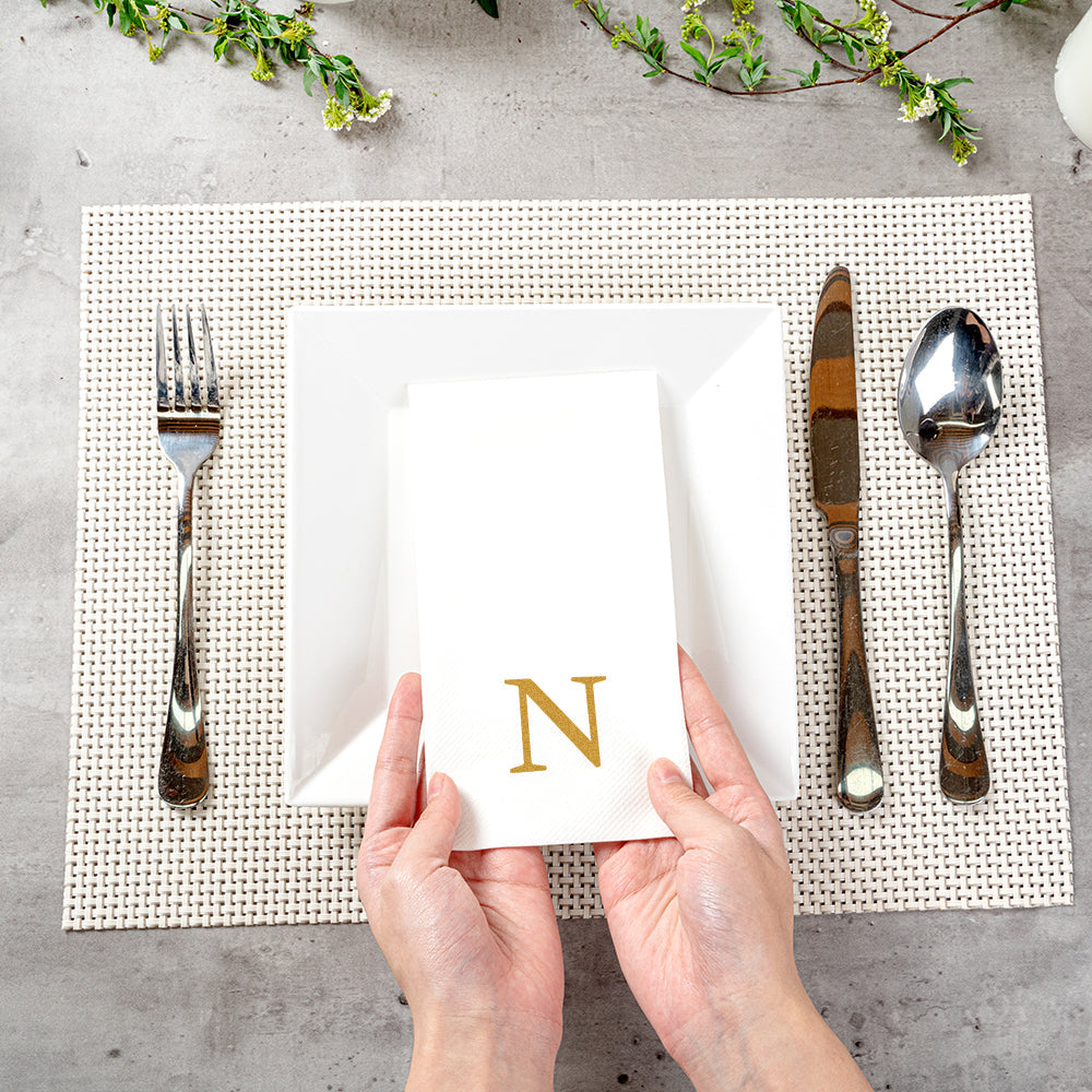 Luxenap Rectangle Gold Letter N White Paper Linen-Feel Guest Towel / Napkin - Air Laid, Sans Serif Font - 15 3/4" x 8" - 50 count box
