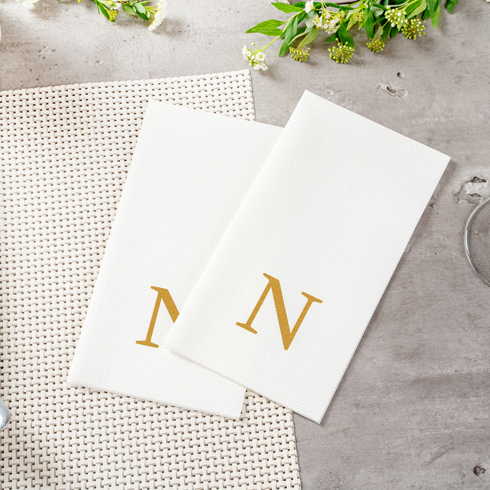 Luxenap Rectangle Gold Letter N White Paper Linen-Feel Guest Towel / Napkin - Air Laid, Sans Serif Font - 15 3/4" x 8" - 50 count box