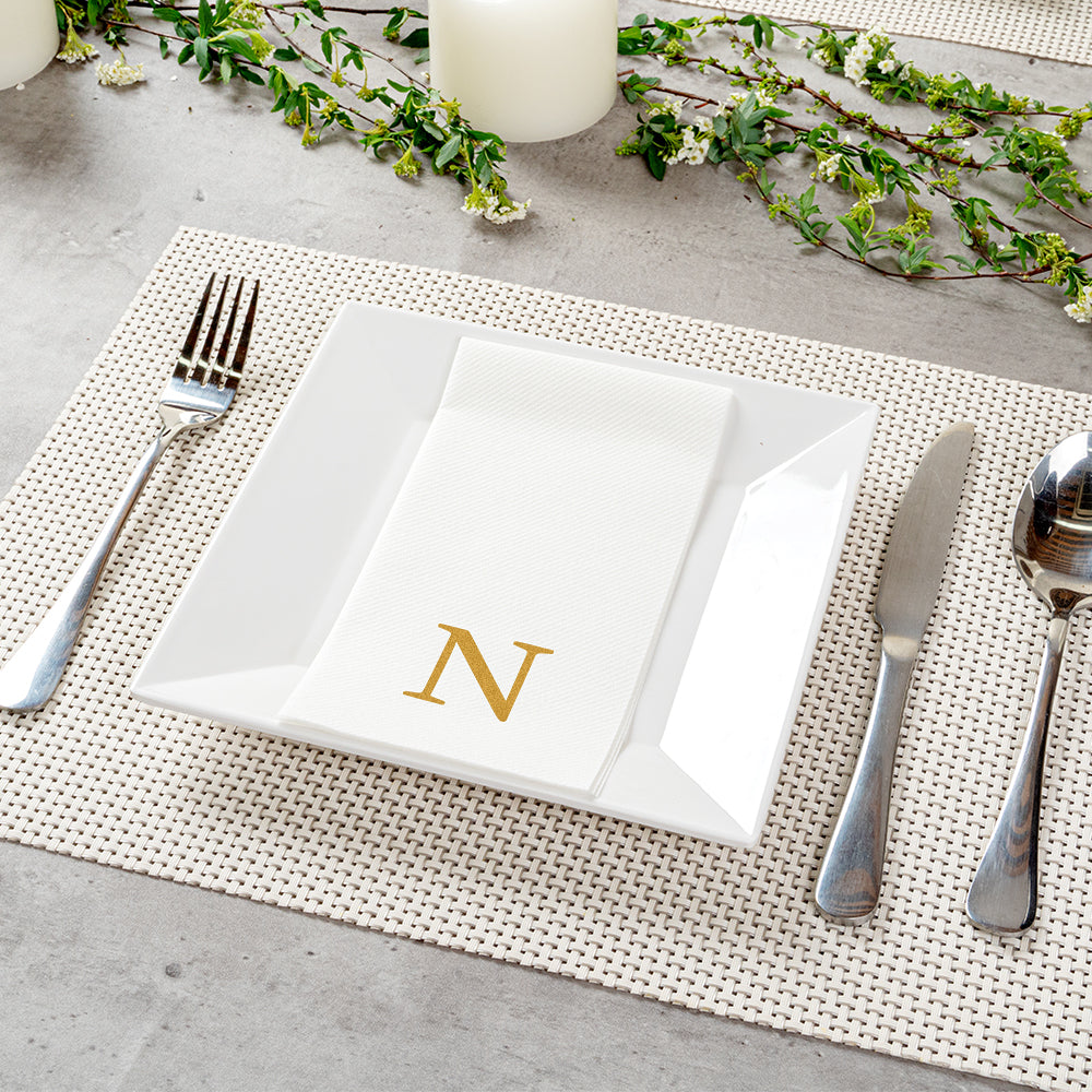 Luxenap Rectangle Gold Letter N White Paper Linen-Feel Guest Towel / Napkin - Air Laid, Sans Serif Font - 15 3/4" x 8" - 50 count box
