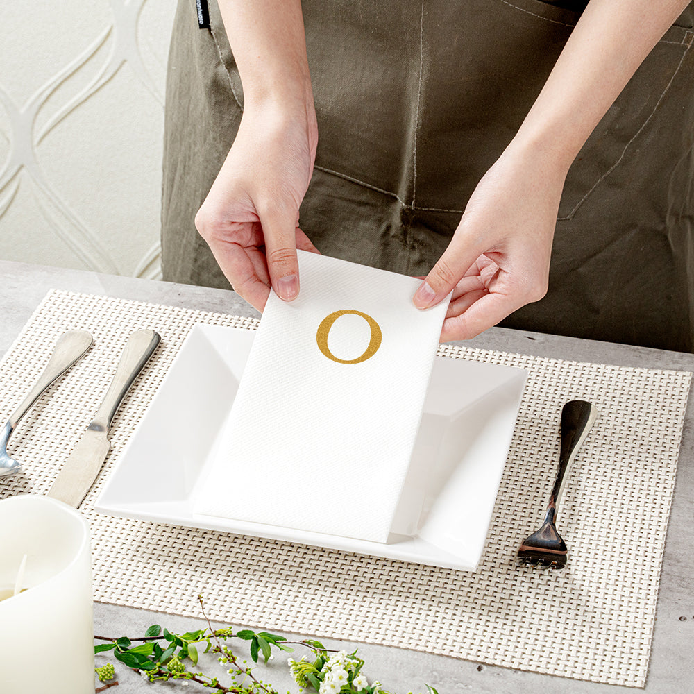 Luxenap Rectangle Gold Letter O White Paper Linen-Feel Guest Towel / Napkin - Air Laid, Sans Serif Font - 15 3/4" x 8" - 50 count box