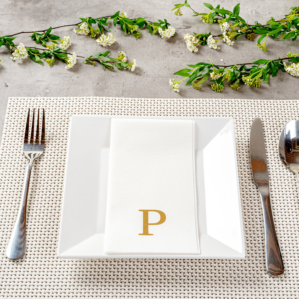 Luxenap Rectangle Gold Letter P White Paper Linen-Feel Guest Towel / Napkin - Air Laid, Sans Serif Font - 15 3/4" x 8" - 50 count box