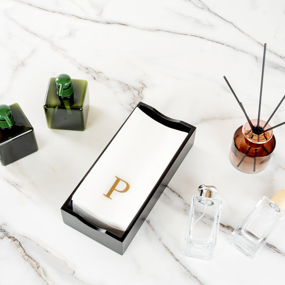 Luxenap Rectangle Gold Letter P White Paper Linen-Feel Guest Towel / Napkin - Air Laid, Sans Serif Font - 15 3/4" x 8" - 50 count box