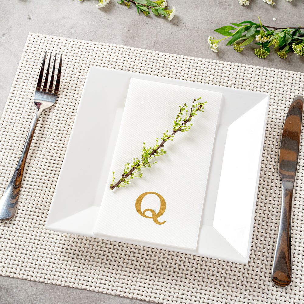 Luxenap Rectangle Gold Letter Q White Paper Linen-Feel Guest Towel / Napkin - Air Laid, Sans Serif Font - 15 3/4" x 8" - 50 count box