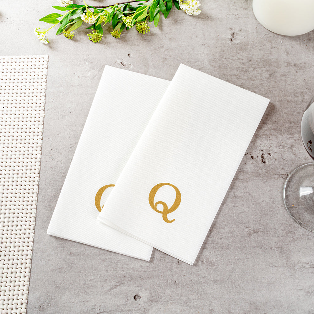 Luxenap Rectangle Gold Letter Q White Paper Linen-Feel Guest Towel / Napkin - Air Laid, Sans Serif Font - 15 3/4" x 8" - 2000 count box