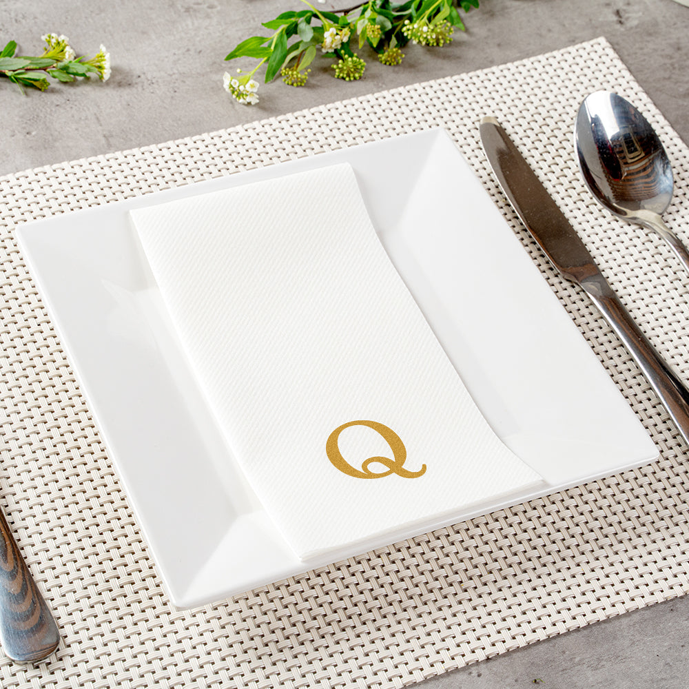 Luxenap Rectangle Gold Letter Q White Paper Linen-Feel Guest Towel / Napkin - Air Laid, Sans Serif Font - 15 3/4" x 8" - 2000 count box