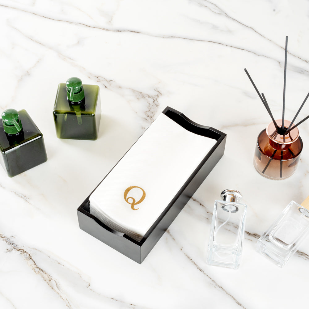 Luxenap Rectangle Gold Letter Q White Paper Linen-Feel Guest Towel / Napkin - Air Laid, Sans Serif Font - 15 3/4" x 8" - 2000 count box