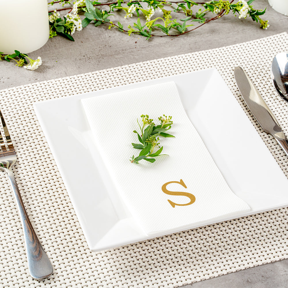 Luxenap Rectangle Gold Letter S White Paper Linen-Feel Guest Towel / Napkin - Air Laid, Sans Serif Font - 15 3/4" x 8" - 50 count box