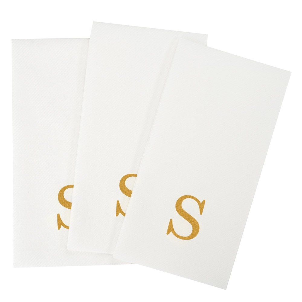 Luxenap Rectangle Gold Letter S White Paper Linen-Feel Guest Towel / Napkin - Air Laid, Sans Serif Font - 15 3/4" x 8" - 50 count box