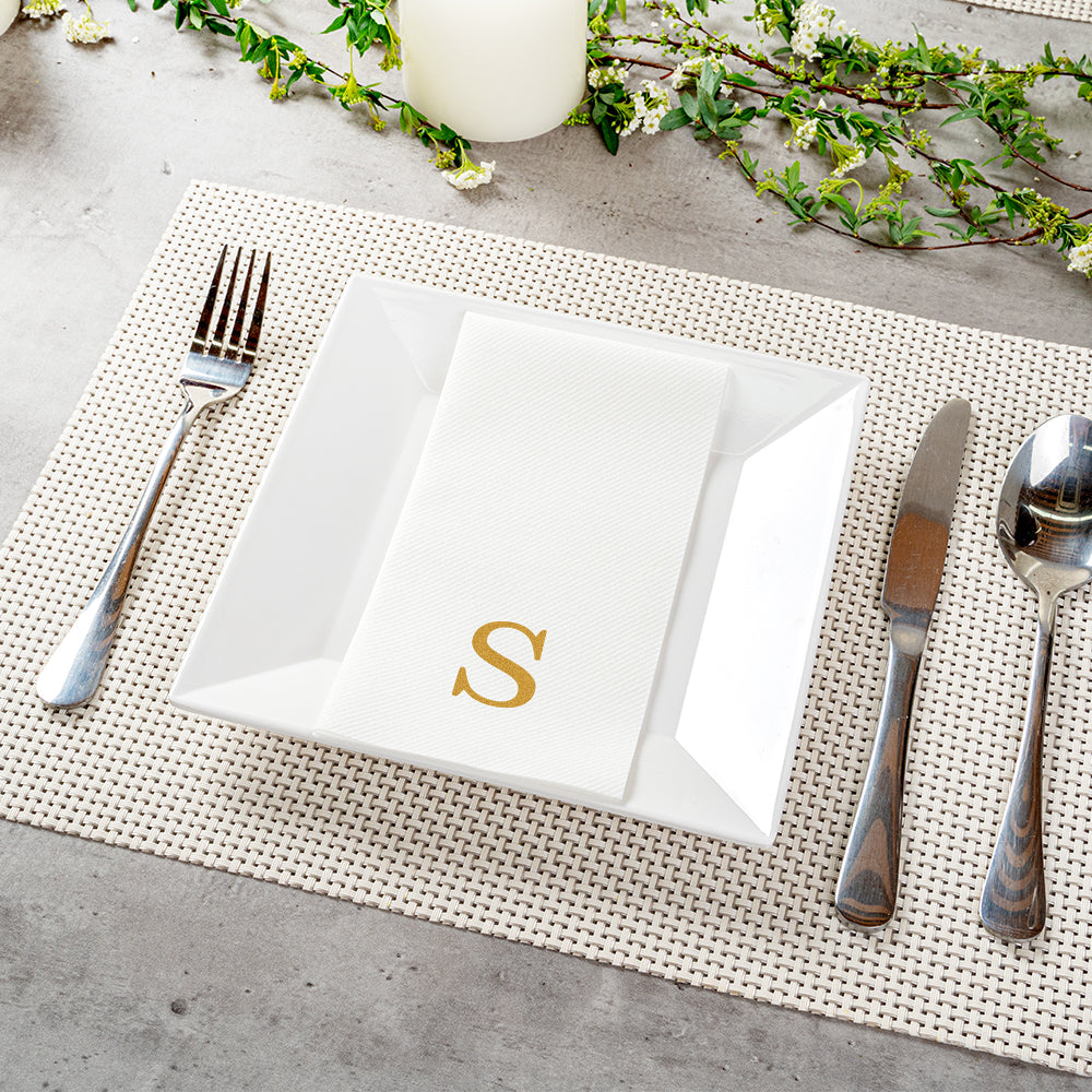 Luxenap Rectangle Gold Letter S White Paper Linen-Feel Guest Towel / Napkin - Air Laid, Sans Serif Font - 15 3/4" x 8" - 50 count box