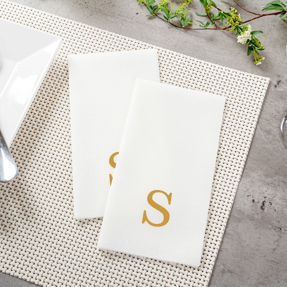 Luxenap Rectangle Gold Letter S White Paper Linen-Feel Guest Towel / Napkin - Air Laid, Sans Serif Font - 15 3/4" x 8" - 50 count box