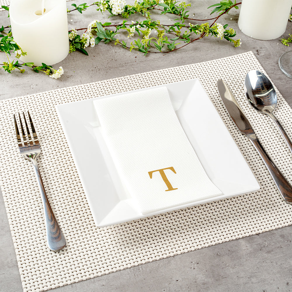 Luxenap Rectangle Gold Letter T White Paper Linen-Feel Guest Towel / Napkin - Air Laid, Sans Serif Font - 15 3/4" x 8" - 50 count box