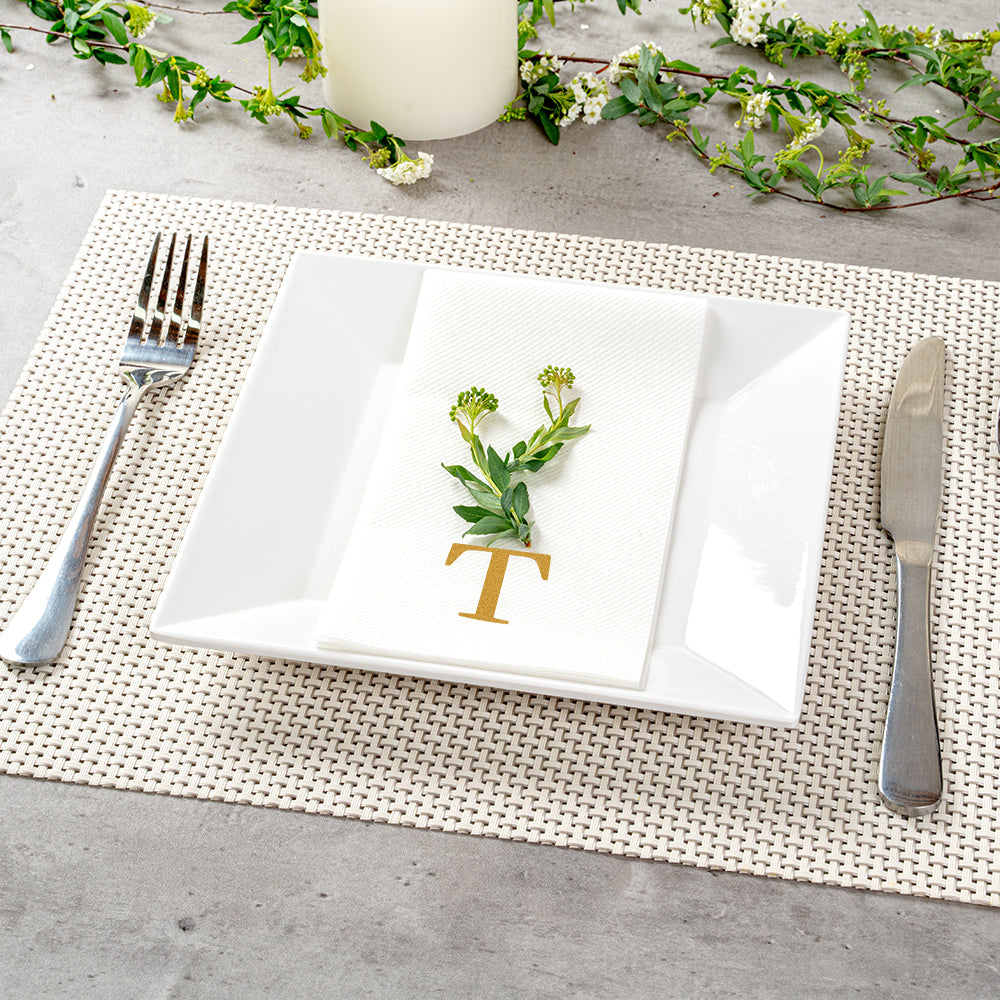 Luxenap Rectangle Gold Letter T White Paper Linen-Feel Guest Towel / Napkin - Air Laid, Sans Serif Font - 15 3/4" x 8" - 50 count box