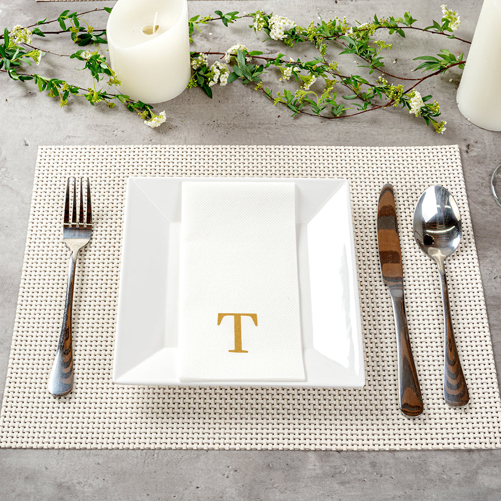 Luxenap Rectangle Gold Letter T White Paper Linen-Feel Guest Towel / Napkin - Air Laid, Sans Serif Font - 15 3/4" x 8" - 2000 count box