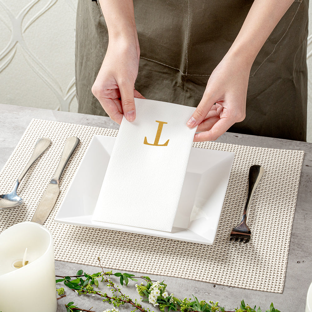 Luxenap Rectangle Gold Letter T White Paper Linen-Feel Guest Towel / Napkin - Air Laid, Sans Serif Font - 15 3/4" x 8" - 2000 count box