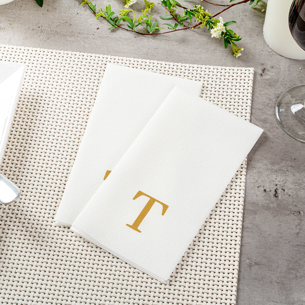 Luxenap Rectangle Gold Letter T White Paper Linen-Feel Guest Towel / Napkin - Air Laid, Sans Serif Font - 15 3/4" x 8" - 2000 count box