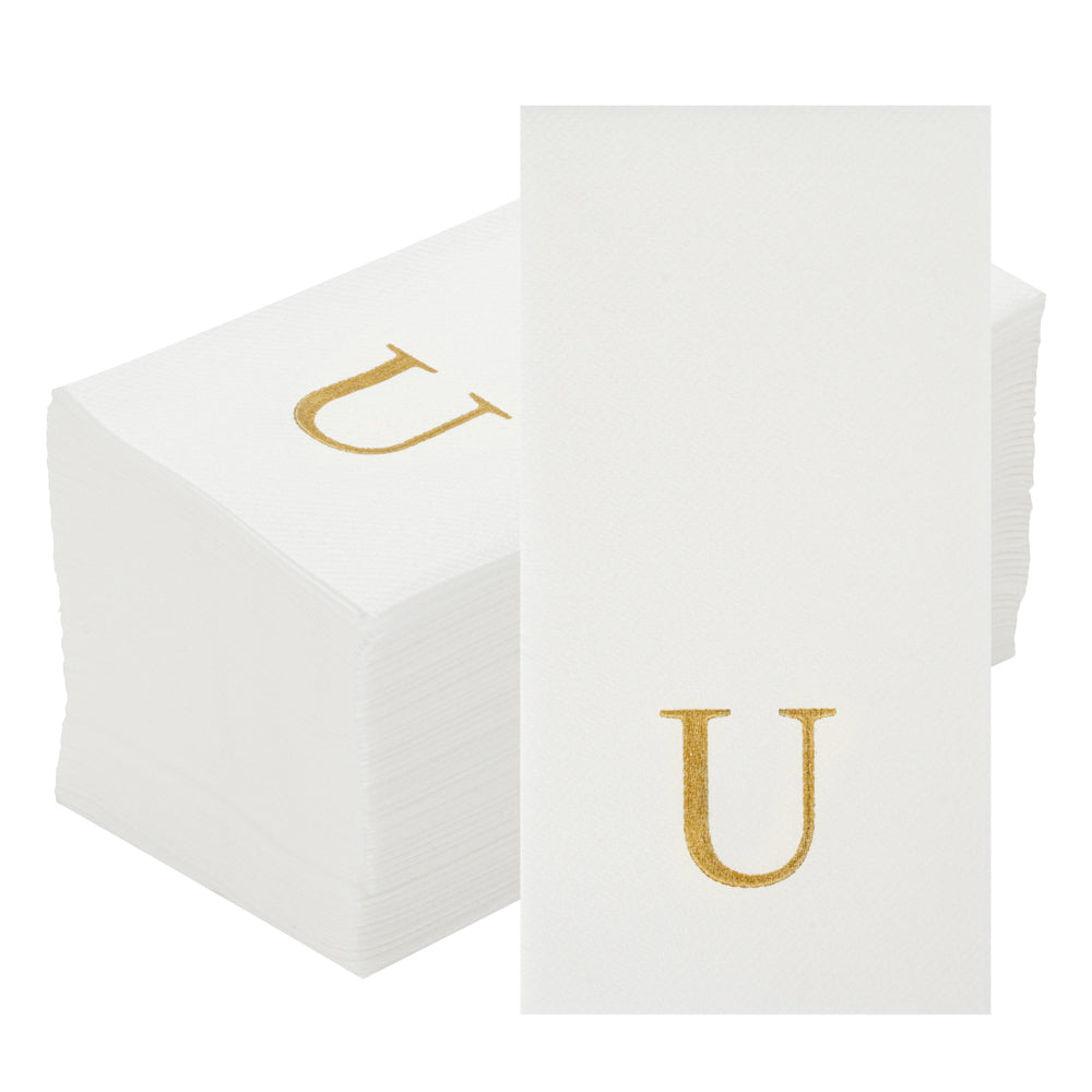 Luxenap Rectangle Gold Letter U White Paper Linen-Feel Guest Towel / Napkin - Air Laid, Sans Serif Font - 15 3/4" x 8" - 50 count box