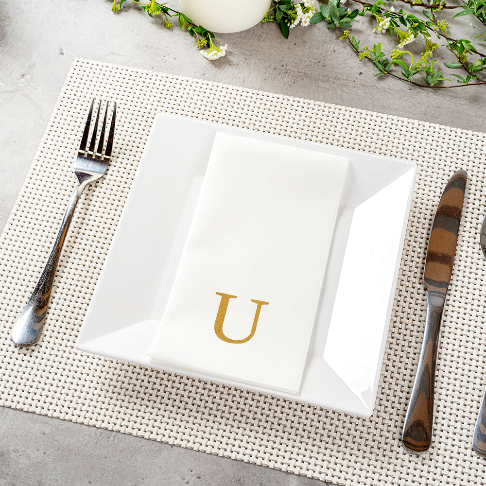 Luxenap Rectangle Gold Letter U White Paper Linen-Feel Guest Towel / Napkin - Air Laid, Sans Serif Font - 15 3/4" x 8" - 50 count box
