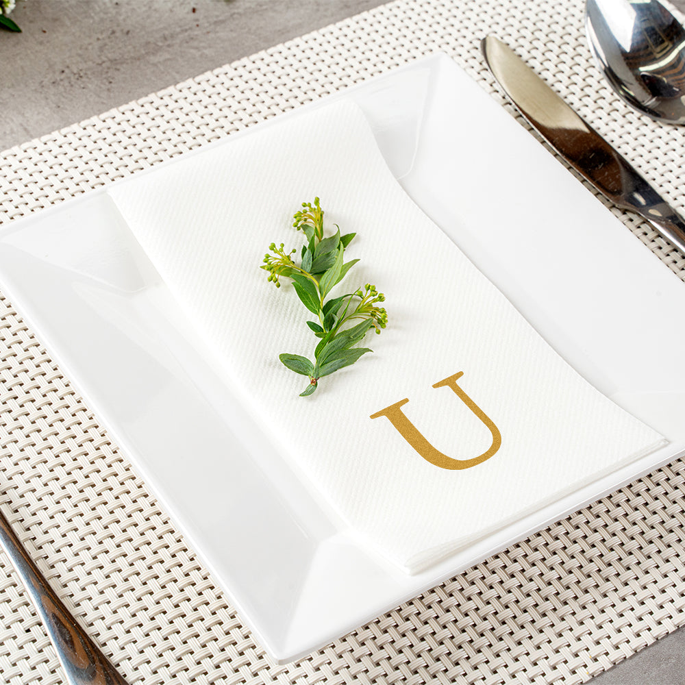 Luxenap Rectangle Gold Letter U White Paper Linen-Feel Guest Towel / Napkin - Air Laid, Sans Serif Font - 15 3/4" x 8" - 50 count box