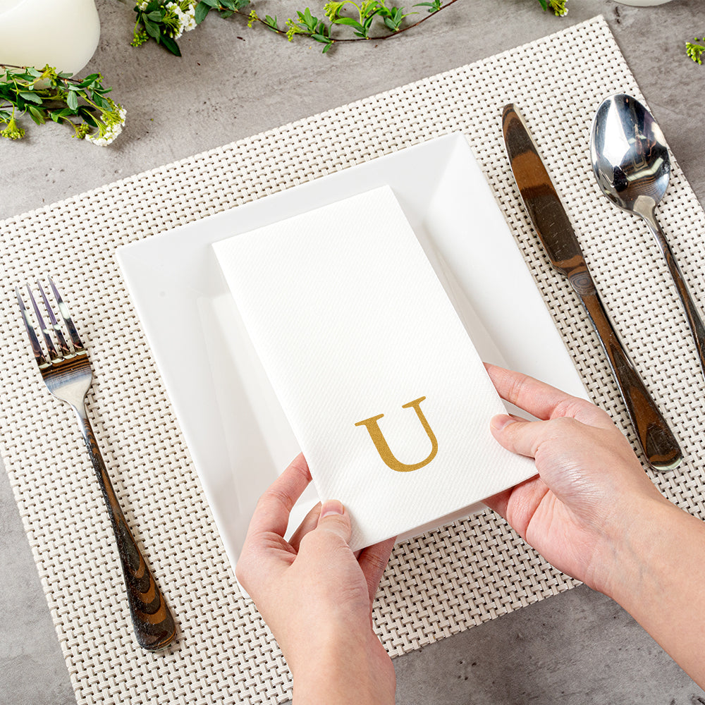 Luxenap Rectangle Gold Letter U White Paper Linen-Feel Guest Towel / Napkin - Air Laid, Sans Serif Font - 15 3/4" x 8" - 50 count box