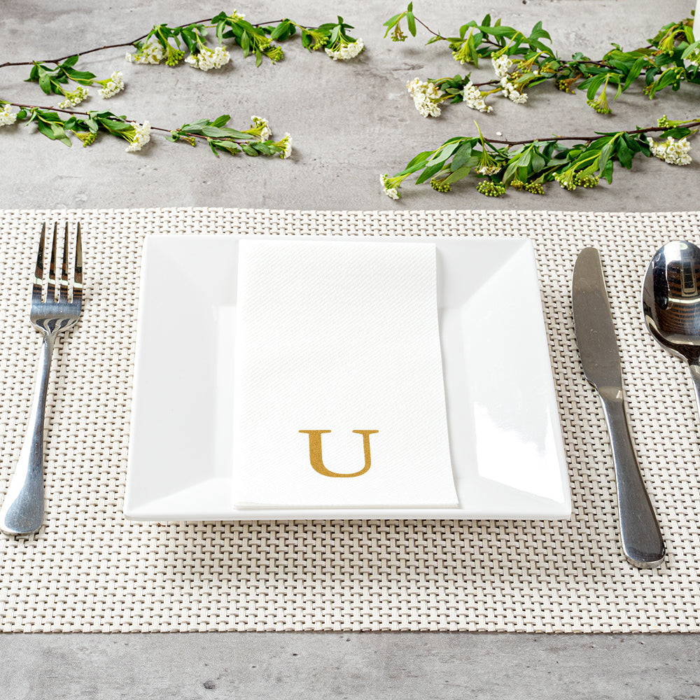 Luxenap Rectangle Gold Letter U White Paper Linen-Feel Guest Towel / Napkin - Air Laid, Sans Serif Font - 15 3/4" x 8" - 50 count box