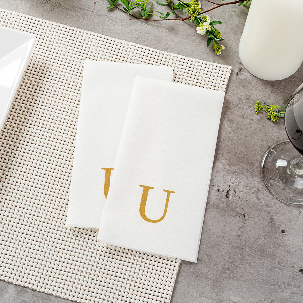 Luxenap Rectangle Gold Letter U White Paper Linen-Feel Guest Towel / Napkin - Air Laid, Sans Serif Font - 15 3/4" x 8" - 2000 count box