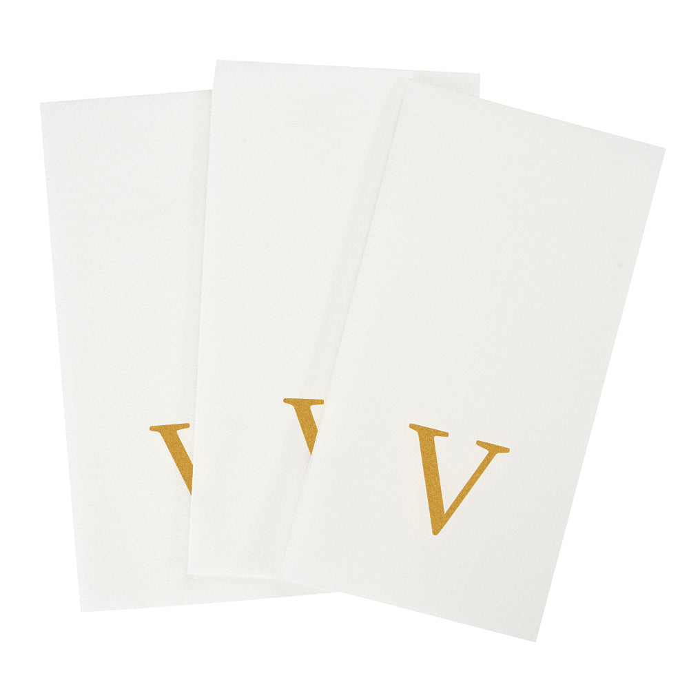 Luxenap Rectangle Gold Letter V White Paper Linen-Feel Guest Towel / Napkin - Air Laid, Sans Serif Font - 15 3/4" x 8" - 50 count box