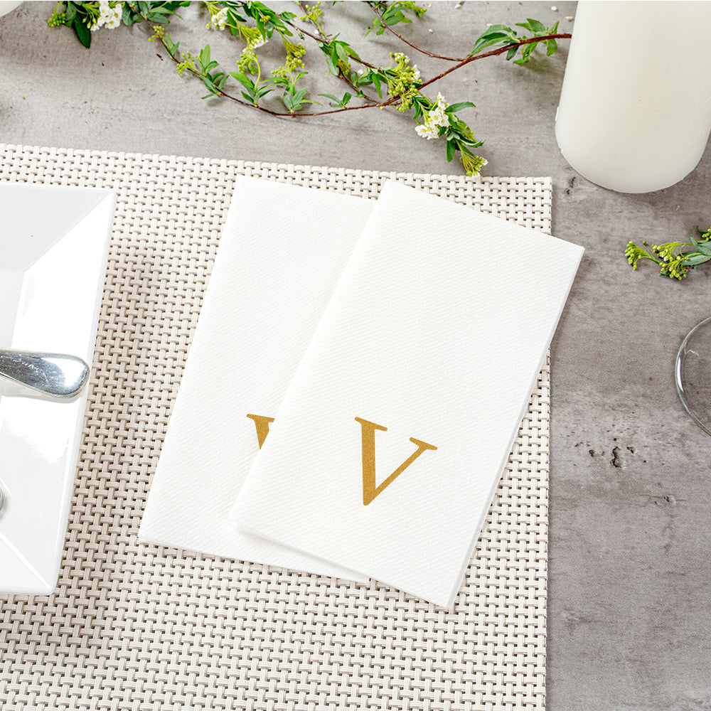 Luxenap Rectangle Gold Letter V White Paper Linen-Feel Guest Towel / Napkin - Air Laid, Sans Serif Font - 15 3/4" x 8" - 50 count box