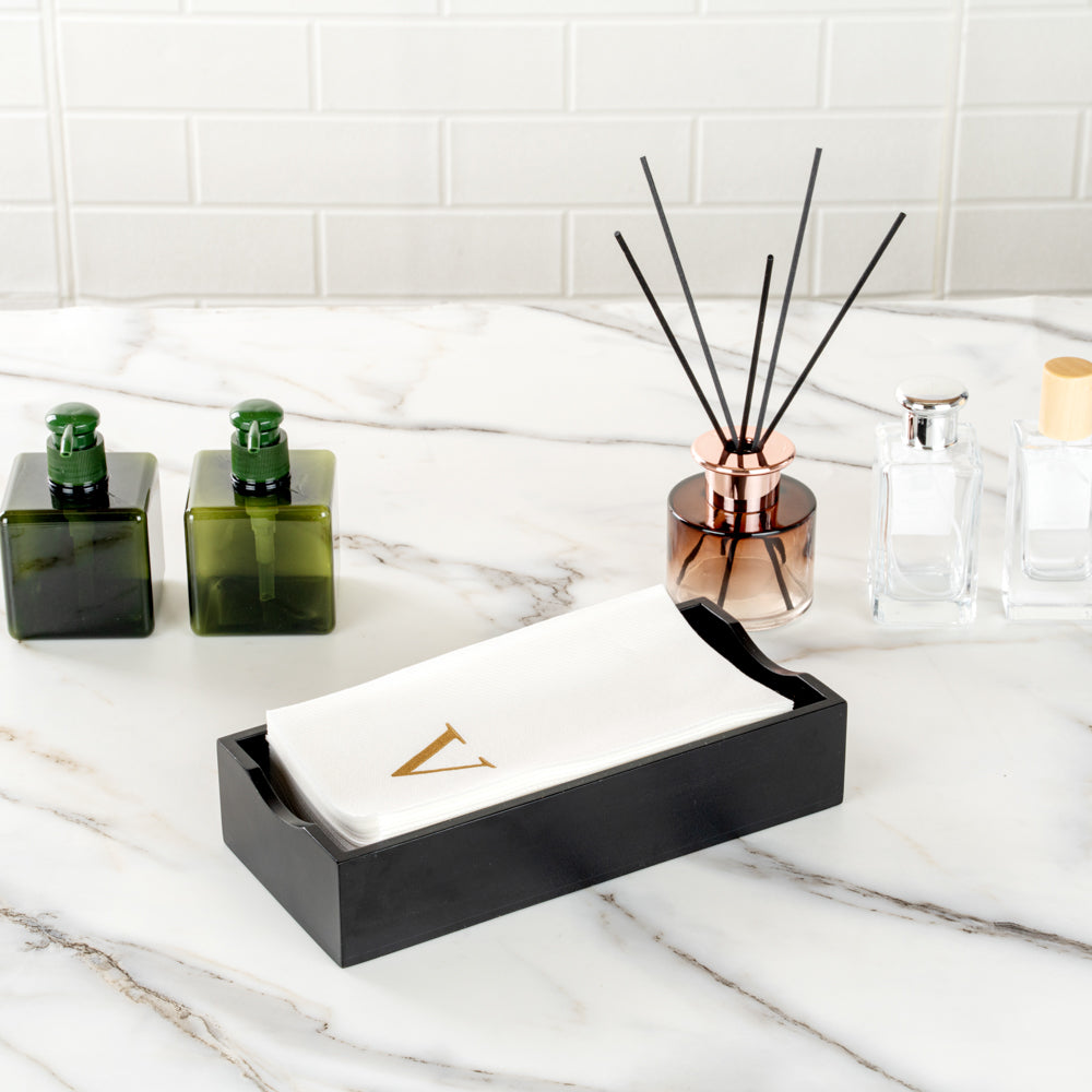 Luxenap Rectangle Gold Letter V White Paper Linen-Feel Guest Towel / Napkin - Air Laid, Sans Serif Font - 15 3/4" x 8" - 50 count box