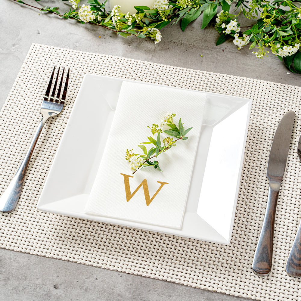 Luxenap Rectangle Gold Letter W White Paper Linen-Feel Guest Towel / Napkin - Air Laid, Sans Serif Font - 15 3/4" x 8" - 50 count box