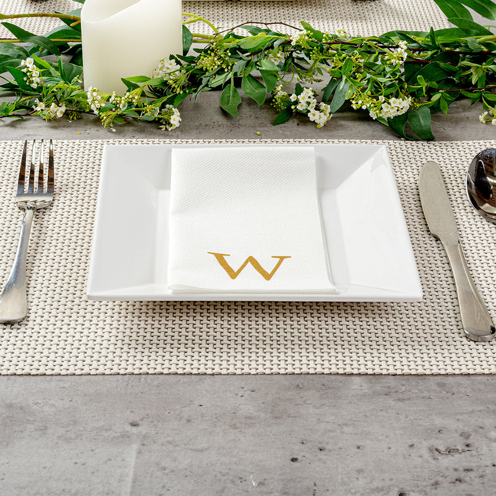 Luxenap Rectangle Gold Letter W White Paper Linen-Feel Guest Towel / Napkin - Air Laid, Sans Serif Font - 15 3/4" x 8" - 50 count box