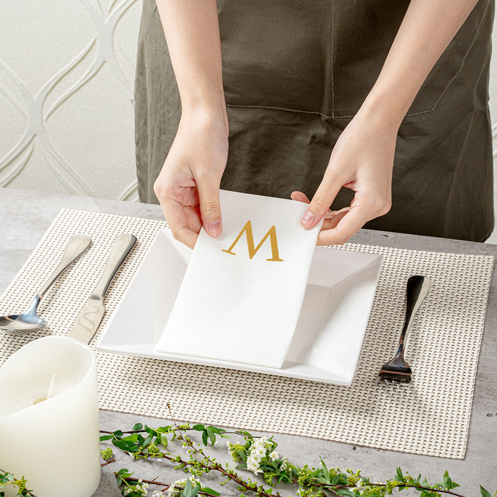 Luxenap Rectangle Gold Letter W White Paper Linen-Feel Guest Towel / Napkin - Air Laid, Sans Serif Font - 15 3/4" x 8" - 2000 count box
