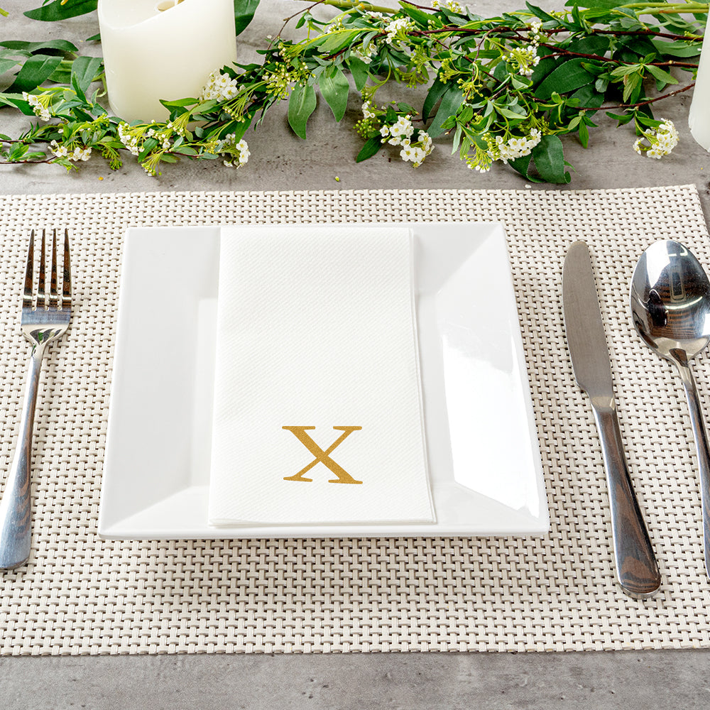 Luxenap Rectangle Gold Letter X White Paper Linen-Feel Guest Towel / Napkin - Air Laid, Sans Serif Font - 15 3/4" x 8" - 50 count box