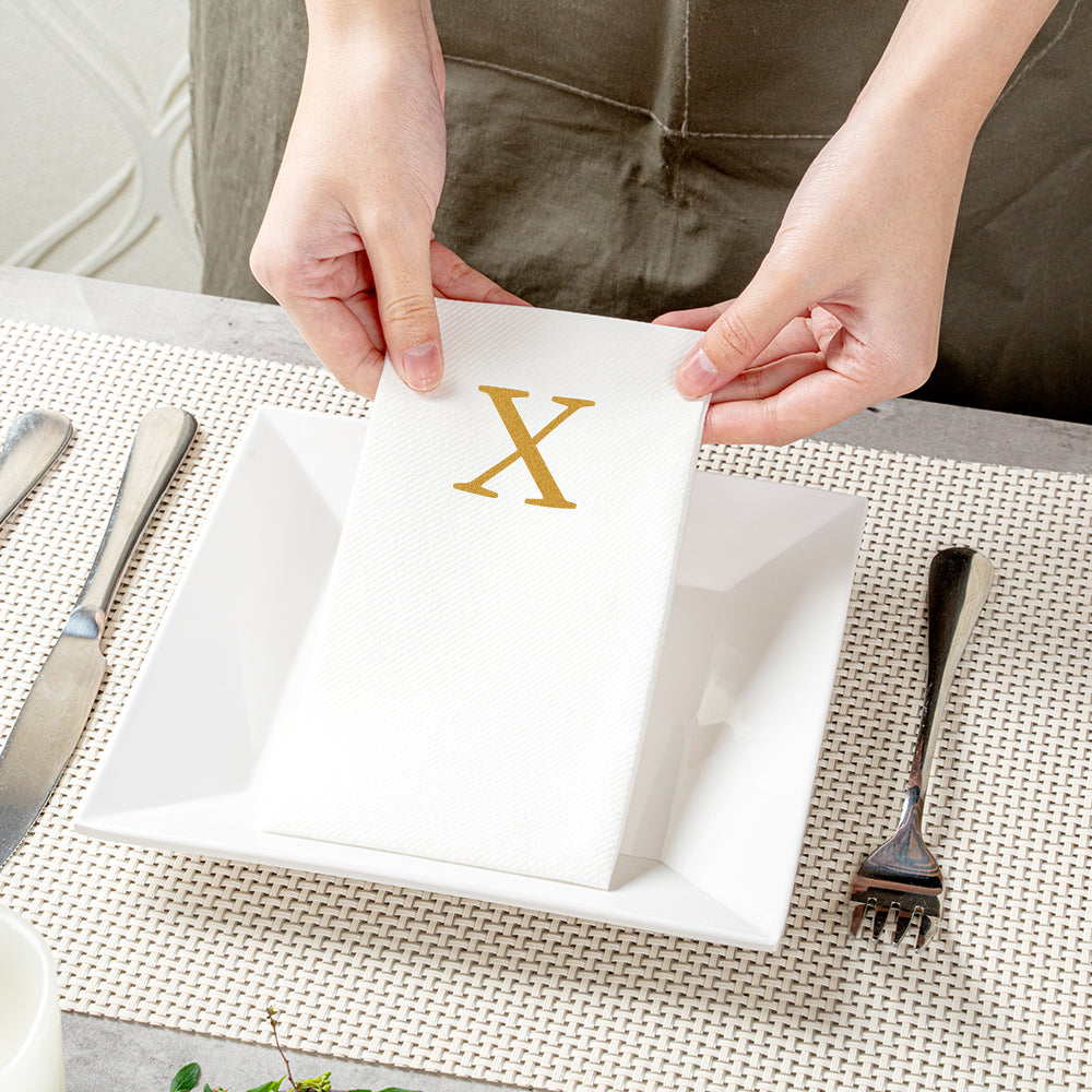 Luxenap Rectangle Gold Letter X White Paper Linen-Feel Guest Towel / Napkin - Air Laid, Sans Serif Font - 15 3/4" x 8" - 50 count box