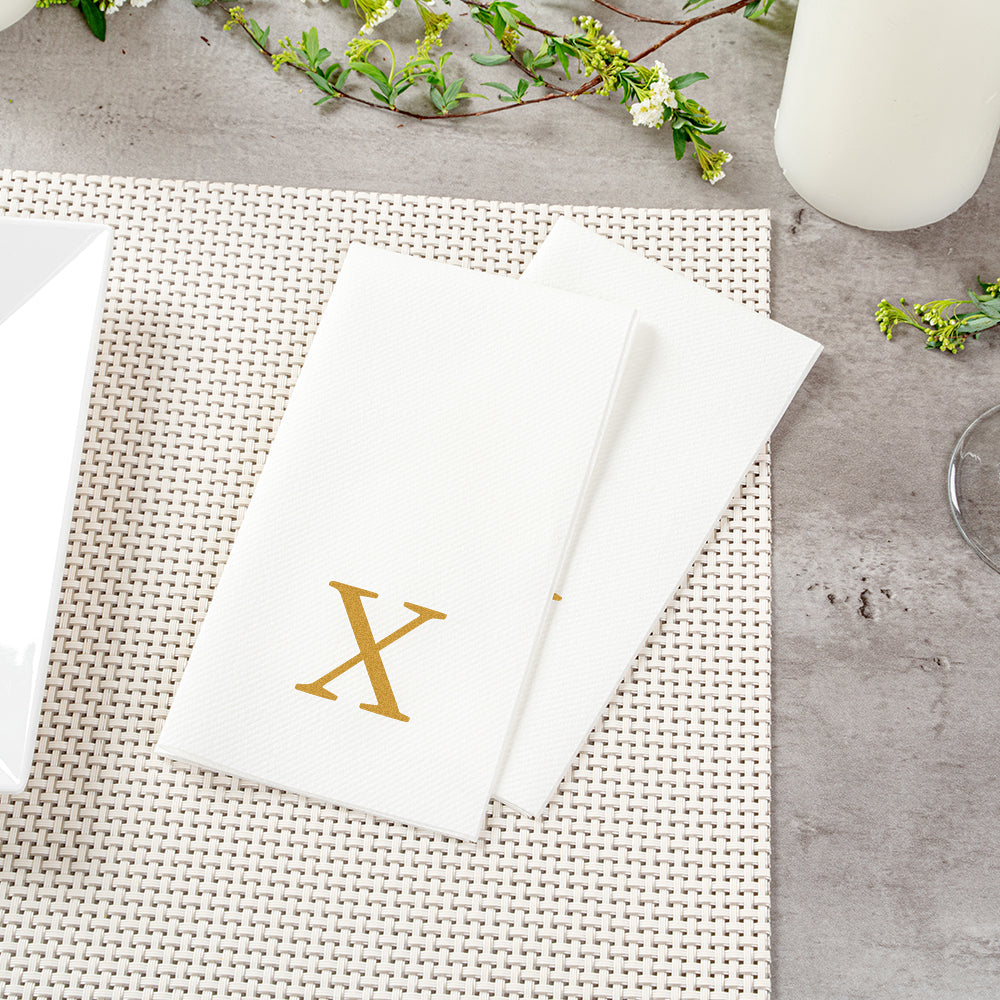 Luxenap Rectangle Gold Letter X White Paper Linen-Feel Guest Towel / Napkin - Air Laid, Sans Serif Font - 15 3/4" x 8" - 50 count box