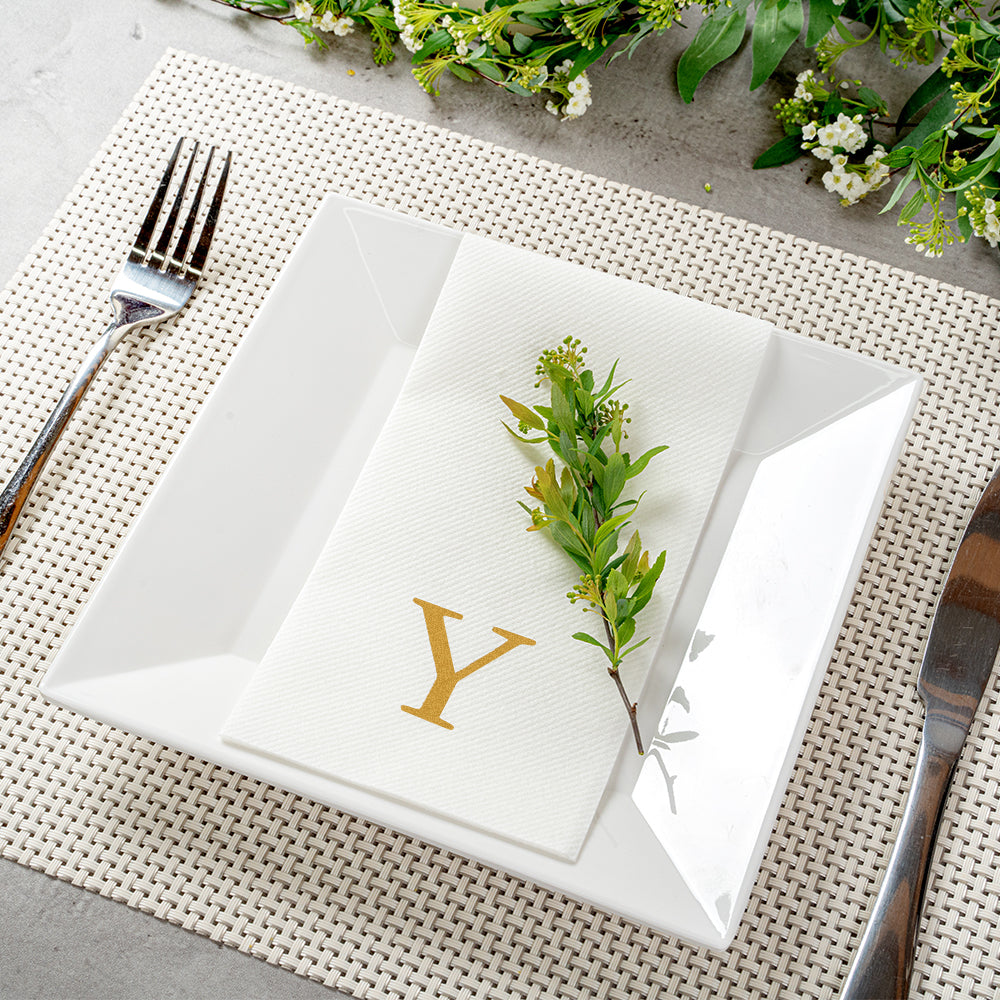 Luxenap Rectangle Gold Letter Y White Paper Linen-Feel Guest Towel / Napkin - Air Laid, Sans Serif Font - 15 3/4" x 8" - 2000 count box