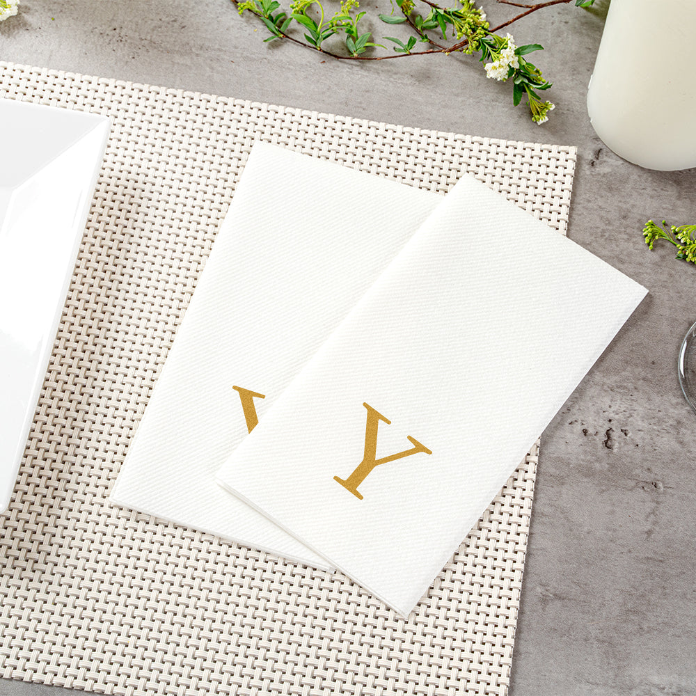 Luxenap Rectangle Gold Letter Y White Paper Linen-Feel Guest Towel / Napkin - Air Laid, Sans Serif Font - 15 3/4" x 8" - 50 count box