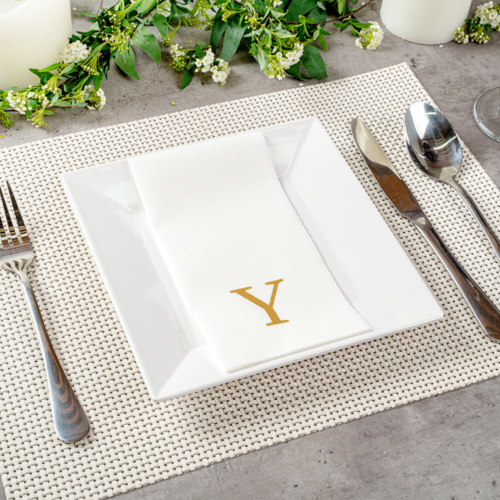 Luxenap Rectangle Gold Letter Y White Paper Linen-Feel Guest Towel / Napkin - Air Laid, Sans Serif Font - 15 3/4" x 8" - 50 count box