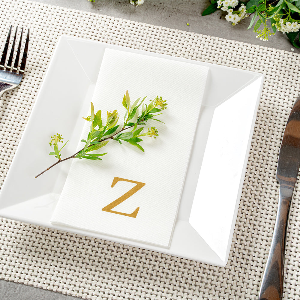 Luxenap Rectangle Gold Letter Z White Paper Linen-Feel Guest Towel / Napkin - Air Laid, Sans Serif Font - 15 3/4" x 8" - 50 count box